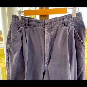 Woman’s Patagonia slacks, steel gray, cotton, worn, pleated front, slit back